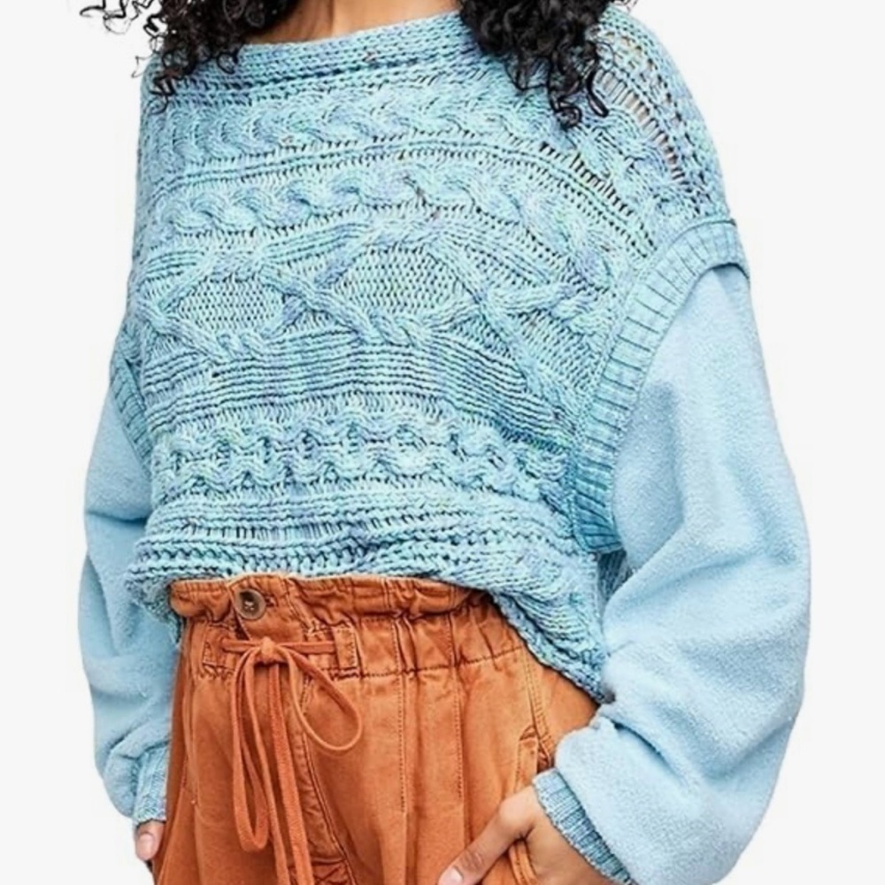 NEW Free People Mixed Media Cable Knit Cropped‎ Sweater Light Blue XS OB1105437